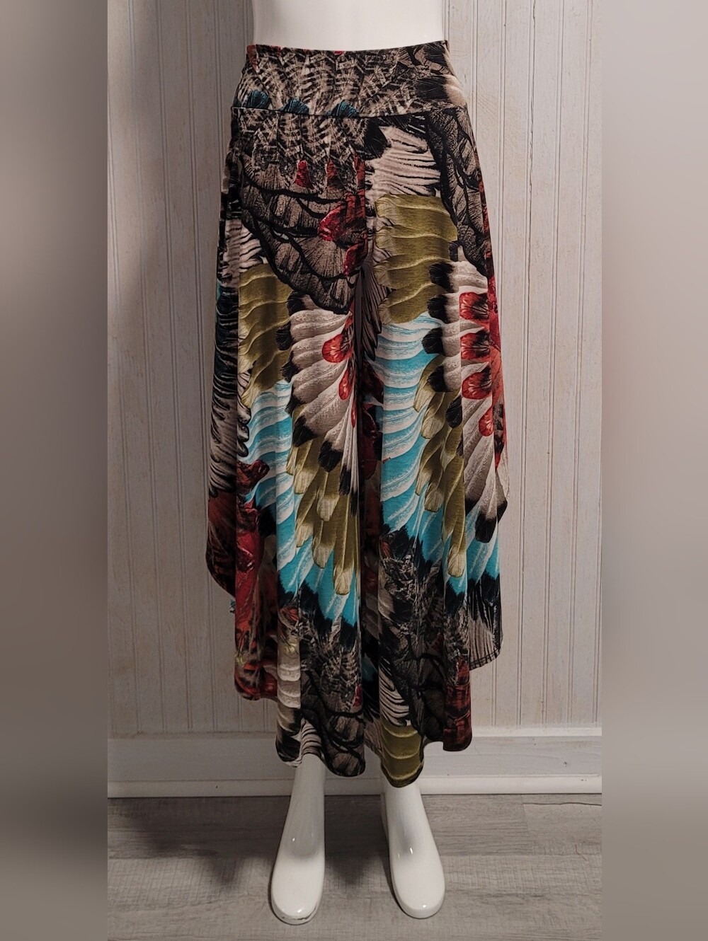 Vintage Topia Y2K Turquoise Red Feather Print Palazzo Pants Size M